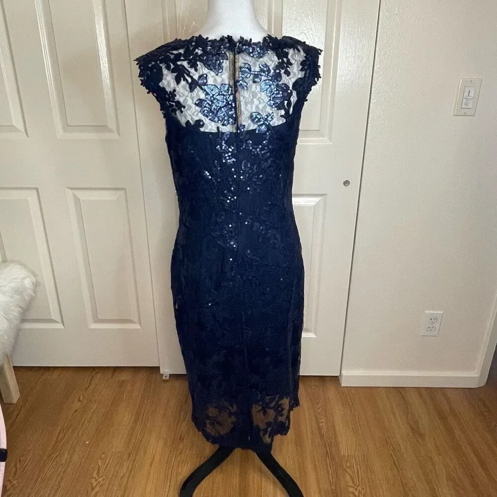 Tadashi Shoji Paillette Embroidered Lace Sheath Cocktail Dress Royal Navy Blue S - Picture 5 of 14